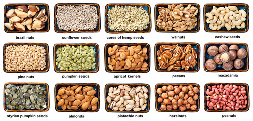 set of various peeled nuts in bowls with names