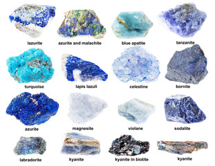 set of various blue raw stones with names