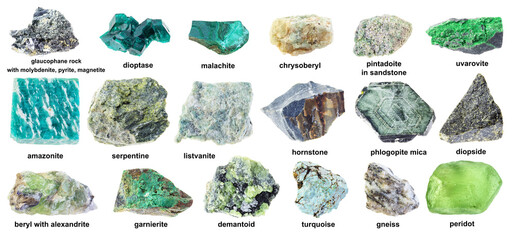 set of various raw green stones with names cutout