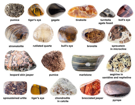 set of various tumbled brown minerals with names