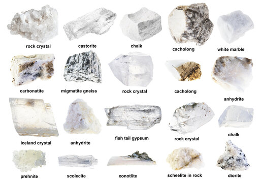 various raw white and colorless stones with names