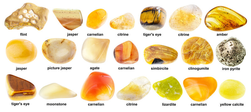 set of various tumbled yellow stones with names