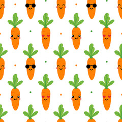 Cute cartoon style carrot vegetable characters with different facial expressions and dots vector seamless pattern background.