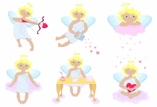 cupids. set of illustrations depicting cupids in different poses. boy with golden hair. sits on a cloud, writes letters, keeps a heart, observes, gives love, shoots a bow