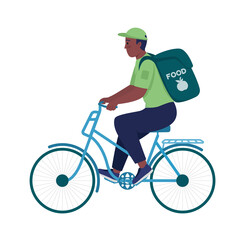 Courier ride on bicycle semi flat color vector character. Posing figure. Full body person on white. Delivery on bike isolated modern cartoon style illustration for graphic design and animation