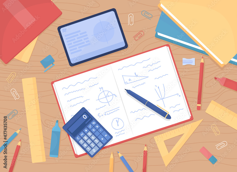 Poster mathematics homework flat color vector illustration. calculating math. workspace for students. table