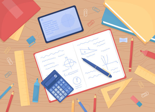 Mathematics homework flat color vector illustration. Calculating math. Workspace for students. Table with books and textbooks. Top view 2D cartoon illustration with desktop on background collection