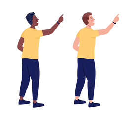 Cheerful men semi flat color vector characters set. Standing figures. Full body people on white. Pointing motion isolated modern cartoon style illustrations collection for graphic design and animation