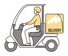 シンプル　イラスト　デリバリーバイクで配達する男性従業員
