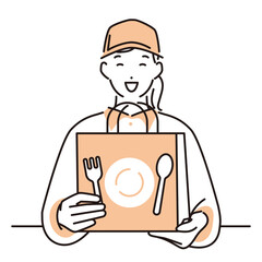 シンプル　イラスト　笑顔でテイクアウトの商品を受け渡す店員