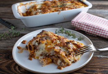 Plate with fresh cooked pasta casserole