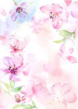 春の花：幻想的な桜のフレーム背景。水彩イラスト。ルーズタッチ。