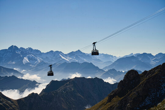 View over the Allgau Alpes with gondala lift near the German Austrian border, Oberstdorf