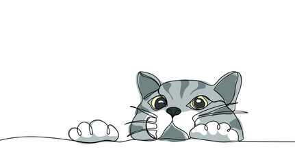 Continuous one line drawing of cute peeking cat. Funny domestic pets. Vector illustration