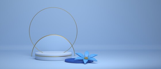 Abstract blue background of a round stand for objects made of disks and a round hoop. Flowers in cartoon style. Abstract background of the showcase. 3d illustration