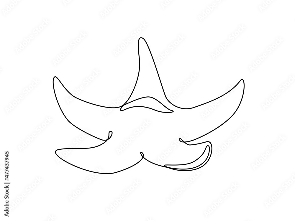 Poster sea starfish. continuous one line drawing of underwater star fish in linear style. simple outline ic