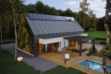 Eco house with solar panels and pool - 477437953