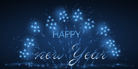 Ein großes Feuerwerk mit Text Happy New Year auf dunkelblauem Hintergrund.
