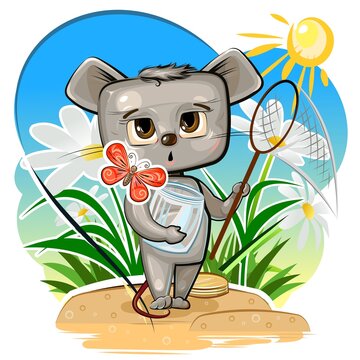 Little Mouse wants to catch a butterfly. Funny comic child of animal. Summer meadow with flowers. Cute cartoon style. Childrens illustration clipart is isolated on a white background. Vector