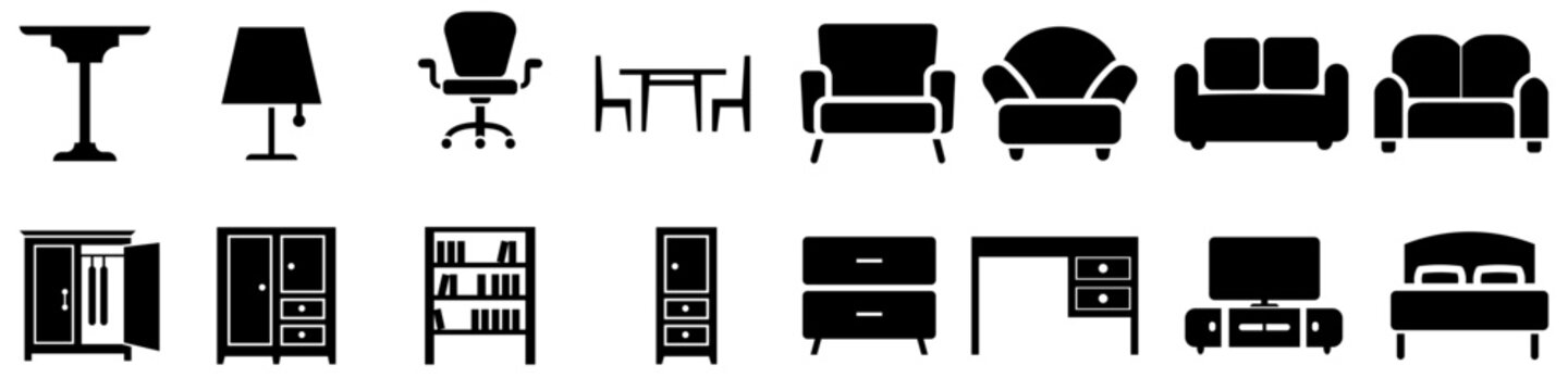 Furniture black icons Vector set. Furniture illustration symbol collection.