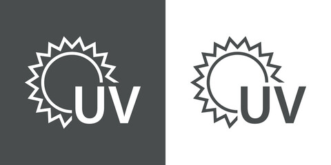 Concepto vacaciones de verano. Crema solar. Logotipo lineal con texto UV con sol en fondo gris y fondo blanco