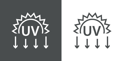Concepto vacaciones de verano. Crema solar. Logotipo lineal con texto UV en sol con flechas en fondo gris y fondo blanco