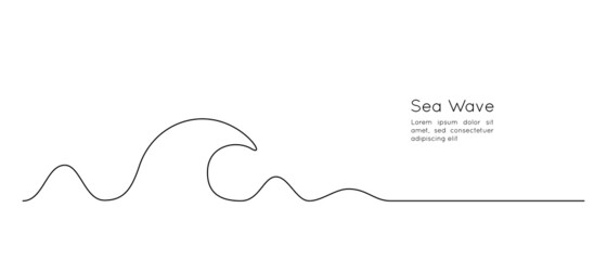 One continuous Line drawing of sea wave. Abstract seascape and concept for surf club in simple linear style. Modern Template for web banner and landing page. Doodle vector illustration