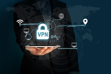 VPN concept. Man hand hold tablet to access VPN mode during use internet data telecommunication.