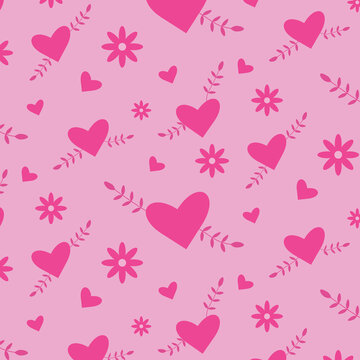 Cute  pink hearts vector  seamless pattern with leaves and flowers on plush pink background. Great for valentine's day greeting cards, textile , gift wrapping paper, kids cloths and wallpaper 
