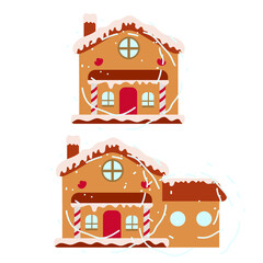 Christmas gingerbread house. New Year's sweets. Sweet Christmas traditional cookie. Christmas cottage cake. Winter food, candy, confectionery, traditional sugar gourmet. Vector illustration.