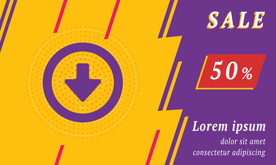 Sale promotion banner with place for your text. On the left is the download symbol. Promotional text with discount percentage on the right side. Vector illustration on yellow background