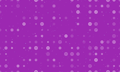 Seamless background pattern of evenly spaced white download symbols of different sizes and opacity. Vector illustration on purple background with stars