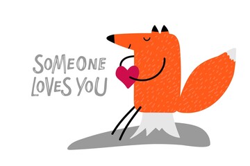 Someone loves you text, Cartoon fox siting on stump and holding heart. Vector hand drawn illustration on white background. Valentines day card with cartoon character. Cute fox isolated