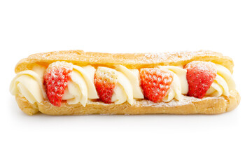Elegant and Expensive Eclair or Choux Cream in long shape with whipped cream cheese, topped with fresh strawberries, famous sweets isolated on white background. Clipping path