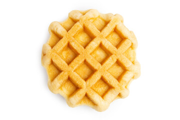 Top View of Freshly Baked Round Butter Waffle, Belgian breakfast pastry dessert, isolated on white background. Clipping path.