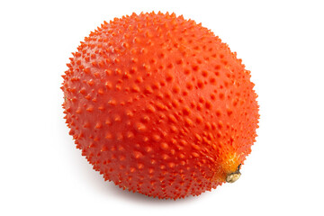 Fresh Gac Fruit or Baby Jackfruit, bright red fruit in round shape with thorns, isolated on white background. Clipping path
