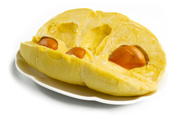 Durian Pulps cut in half served on a white plate isolated on white background. Durian is called King of Fruits which is the most popular in Thailand