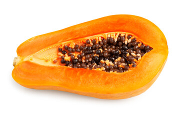 Half Cut of Fresh Ripe Holland Papaya with seeds isolated on white background. Clipping path
