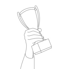 Hand holds trophy cup drawn by lines. The concept of a symbol of victory, champion, medalist, award, achievement, success from the competition. Isolated vector illustrations