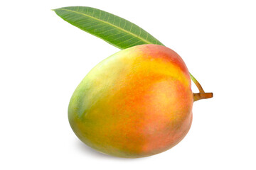 Colorful Organic Ripe Mango With Fresh Green Leaf isolated on white background with clipping path.