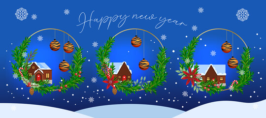 Happy New year. Winter house in glass ball. Greeting card design