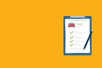 Car insurance document, report. Paper agreement checklist or loan checkmarks form list approved with automobile icon, vehicle financial, car dealership legal deal. Vector illustration