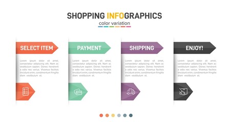 Concept of shopping process with 4 successive steps. Four colorful graphic elements. Timeline design for brochure, presentation, web site. Infographic design layout.