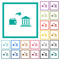 Fototapeta na wymiar Money deposit to bank flat color icons with quadrant frames