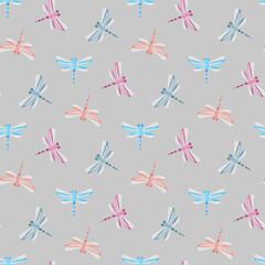Fototapeta premium Dragonflies Seamless Pattern on Grey Background.
