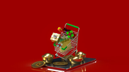 The shopping cart and Chinese gold on tablet for business concept 3d rendering