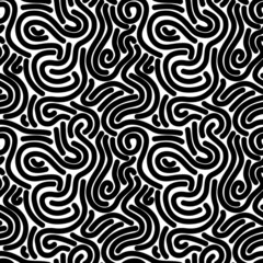 Abstract seamless pattern with noodles. Black line elements on white background. Vector illustration.