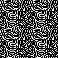 Gordijnen Abstracte naadloze patroon met noedels. Zwarte lijnelementen op witte achtergrond. Vector illustratie. © Alisa