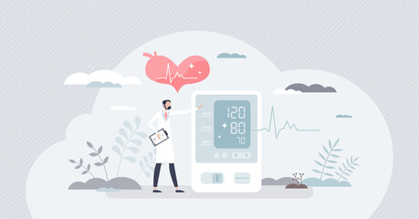 Blood pressure screening and cardiology heart beats checkup tiny person concept. Health care procedure for hypertension or high pressure diagnosis vector illustration. Medical examination and test.