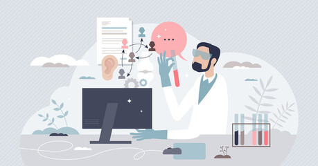 Biomedical engineering as biology and medicine science tiny person concept. Test samples research for genetic pharmacy development vector illustration. Microbiology gene testing for bio innovations.